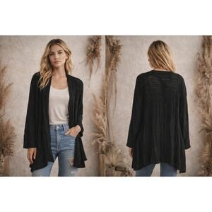 Outlander Open Front Cardigan Womens Large Black Pointelle Knit Minimalist